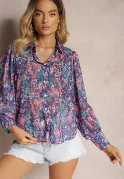 Niebiesko-Różowa Koszula z Bufiastymi Rękawami z Kwiatowym Printem Paedria