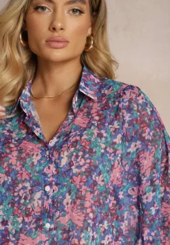 Niebiesko-Różowa Koszula z Bufiastymi Rękawami z Kwiatowym Printem Paedria