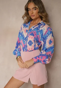 Niebiesko-Różowa Luźna Koszula ze Wzorem Etno i Bufiastymi Rękawami Kaelith