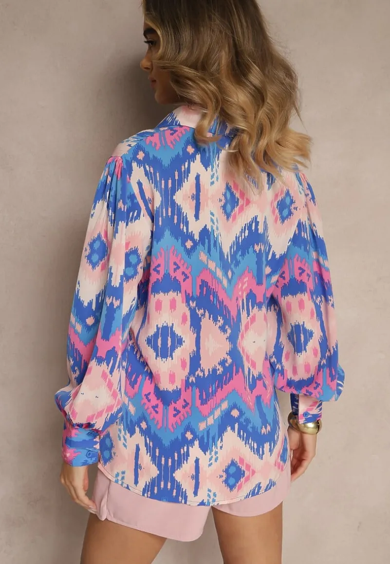 Niebiesko-Różowa Luźna Koszula ze Wzorem Etno i Bufiastymi Rękawami Kaelith