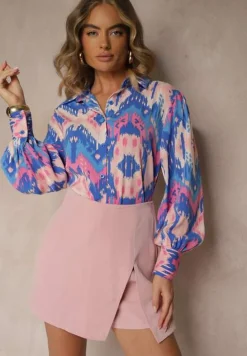 Niebiesko-Różowa Luźna Koszula ze Wzorem Etno i Bufiastymi Rękawami Kaelith