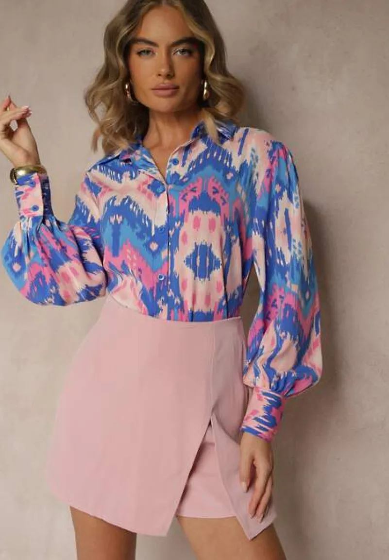 Niebiesko-Różowa Luźna Koszula ze Wzorem Etno i Bufiastymi Rękawami Kaelith