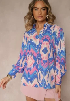 Niebiesko-Różowa Luźna Koszula ze Wzorem Etno i Bufiastymi Rękawami Kaelith