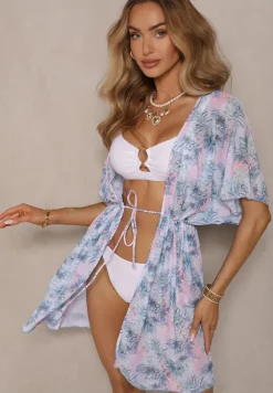 Niebiesko-Różowa Narzutka Plażowa z Wiązaniem w Kwiatowy Wzór Mevelaura