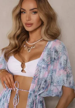 Niebiesko-Różowa Narzutka Plażowa z Wiązaniem w Kwiatowy Wzór Mevelaura