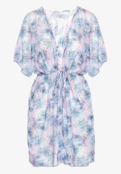 Niebiesko-Różowa Narzutka Plażowa z Wiązaniem w Kwiatowy Wzór Mevelaura