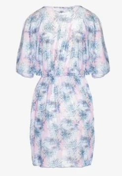 Niebiesko-Różowa Narzutka Plażowa z Wiązaniem w Kwiatowy Wzór Mevelaura