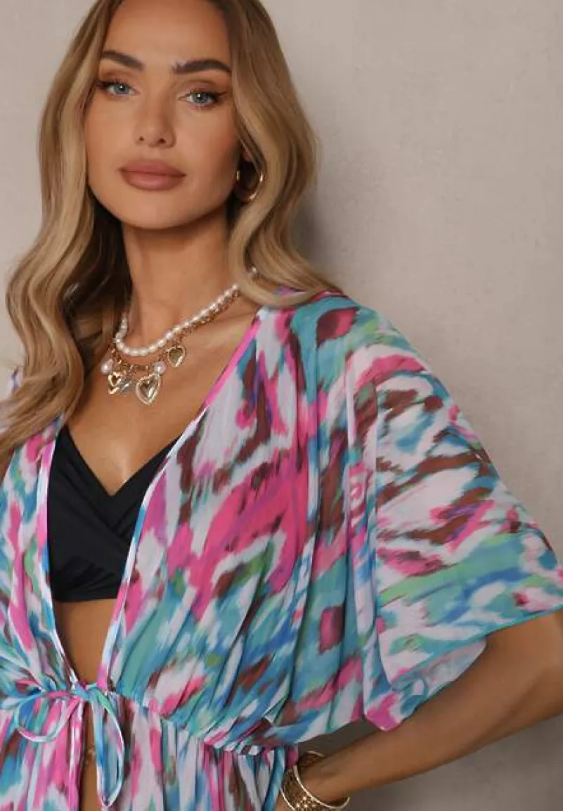 Niebiesko-Różowa Siateczkowa Narzutka z Abstrakcyjnym Motywem Ozdobiona Wiązaniem Revoreia