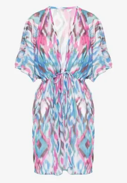 Niebiesko-Różowa Siateczkowa Narzutka z Abstrakcyjnym Motywem Ozdobiona Wiązaniem Revoreia