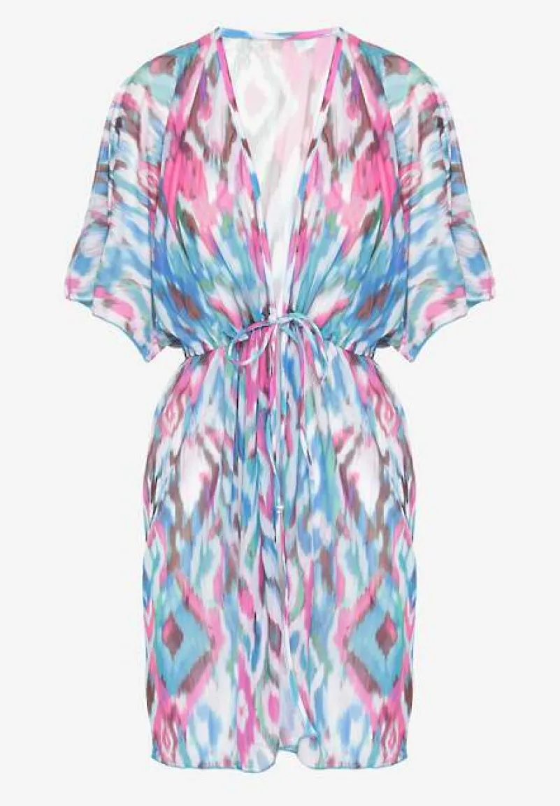 Niebiesko-Różowa Siateczkowa Narzutka z Abstrakcyjnym Motywem Ozdobiona Wiązaniem Revoreia