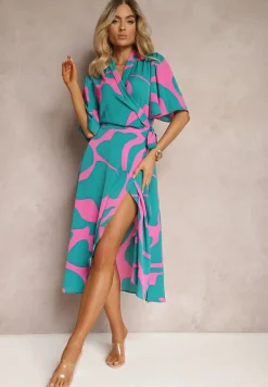 Niebiesko-Różowa Sukienka o Kopertowym Fasonie z Wiązaniem w Talii Uzilena