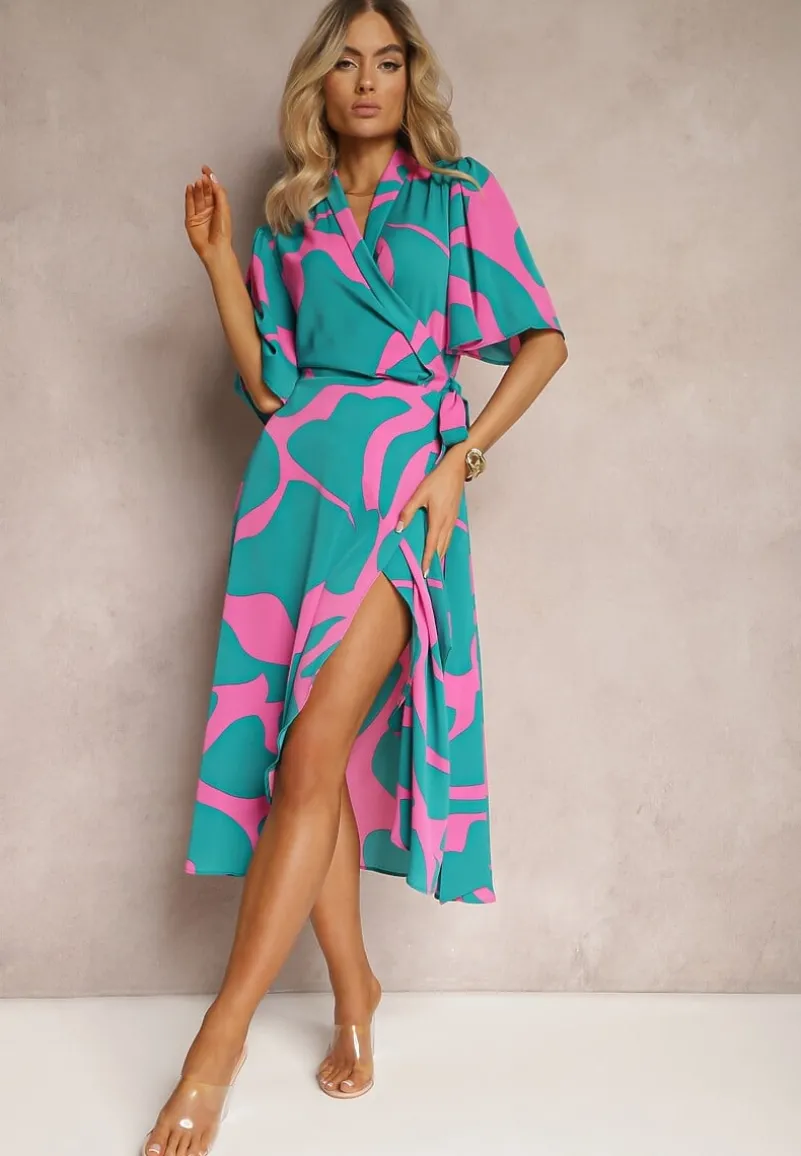 Niebiesko-Różowa Sukienka o Kopertowym Fasonie z Wiązaniem w Talii Uzilena