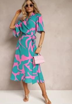 Niebiesko-Różowa Sukienka o Kopertowym Fasonie z Wiązaniem w Talii Uzilena