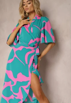 Niebiesko-Różowa Sukienka o Kopertowym Fasonie z Wiązaniem w Talii Uzilena