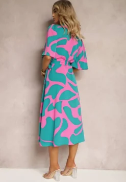 Niebiesko-Różowa Sukienka o Kopertowym Fasonie z Wiązaniem w Talii Uzilena