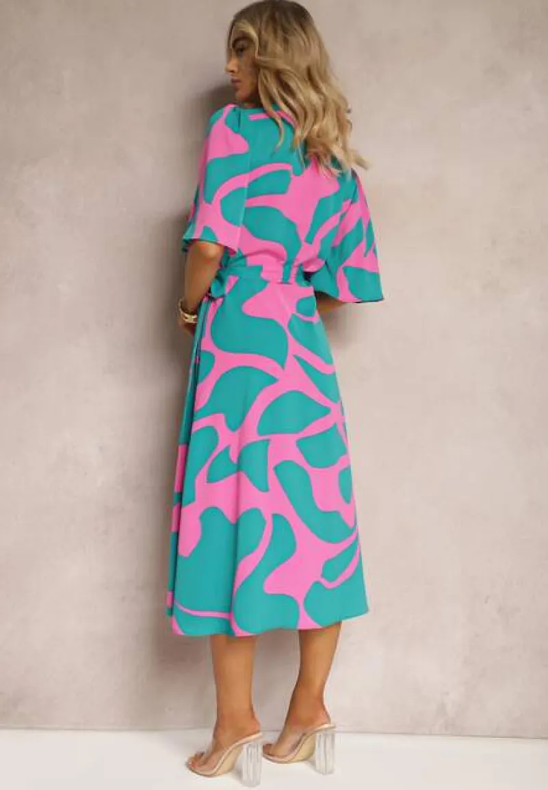 Niebiesko-Różowa Sukienka o Kopertowym Fasonie z Wiązaniem w Talii Uzilena