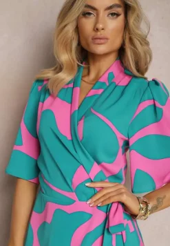 Niebiesko-Różowa Sukienka o Kopertowym Fasonie z Wiązaniem w Talii Uzilena