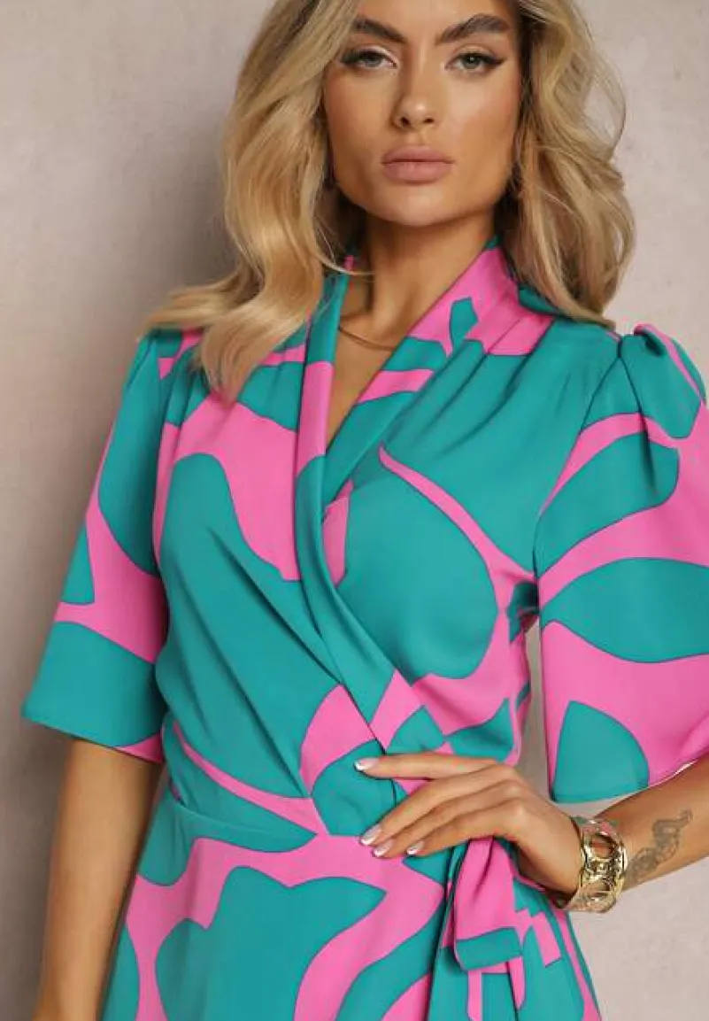 Niebiesko-Różowa Sukienka o Kopertowym Fasonie z Wiązaniem w Talii Uzilena