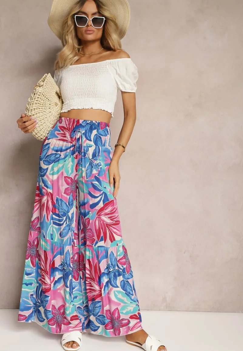 Niebiesko-Różowe Spodnie High Waist z Wiskozy Typu Palazzo z Gumkami w Talii Haestria