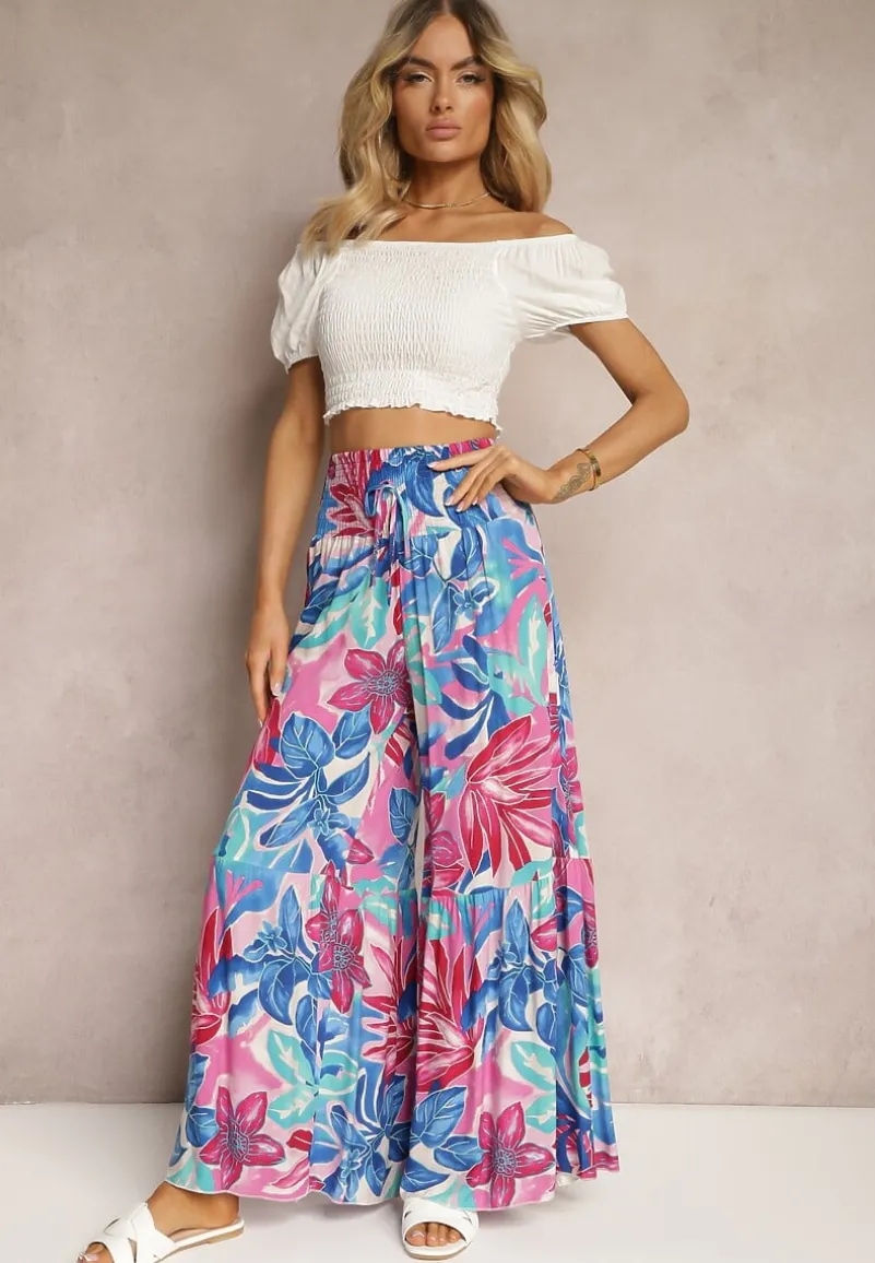 Niebiesko-Różowe Spodnie High Waist z Wiskozy Typu Palazzo z Gumkami w Talii Haestria