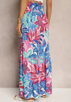 Niebiesko-Różowe Spodnie High Waist z Wiskozy Typu Palazzo z Gumkami w Talii Haestria