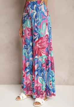 Niebiesko-Różowe Spodnie High Waist z Wiskozy Typu Palazzo z Gumkami w Talii Haestria