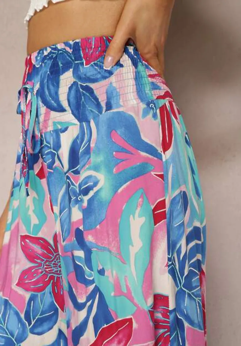 Niebiesko-Różowe Spodnie High Waist z Wiskozy Typu Palazzo z Gumkami w Talii Haestria