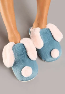Niebiesko-Różowe Wsuwane Kapcie Futrzane z Imitacją Królika Emmista