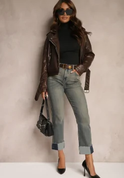Niebiesko-Szare Jeansy High Waist z Bawełny z Efektem Postarzenia i Modnym Paskiem Rilelle