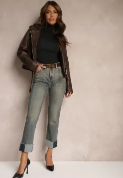 Niebiesko-Szare Jeansy High Waist z Bawełny z Efektem Postarzenia i Modnym Paskiem Rilelle