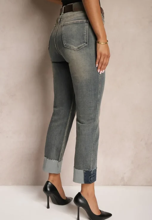 Niebiesko-Szare Jeansy High Waist z Bawełny z Efektem Postarzenia i Modnym Paskiem Rilelle