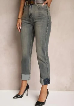 Niebiesko-Szare Jeansy High Waist z Bawełny z Efektem Postarzenia i Modnym Paskiem Rilelle