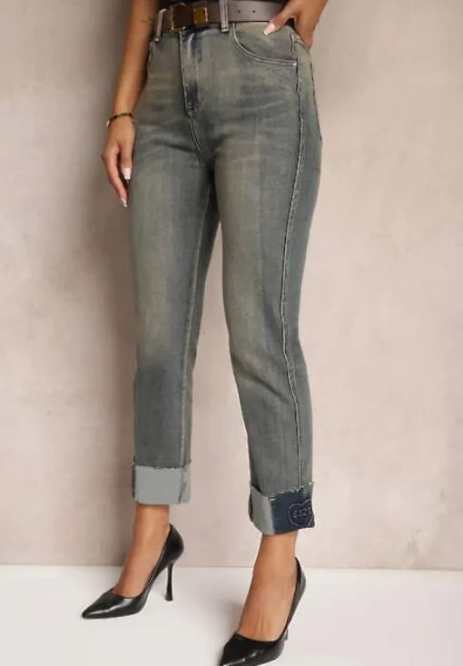 Niebiesko-Szare Jeansy High Waist z Bawełny z Efektem Postarzenia i Modnym Paskiem Rilelle