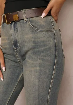 Niebiesko-Szare Jeansy High Waist z Bawełny z Efektem Postarzenia i Modnym Paskiem Rilelle