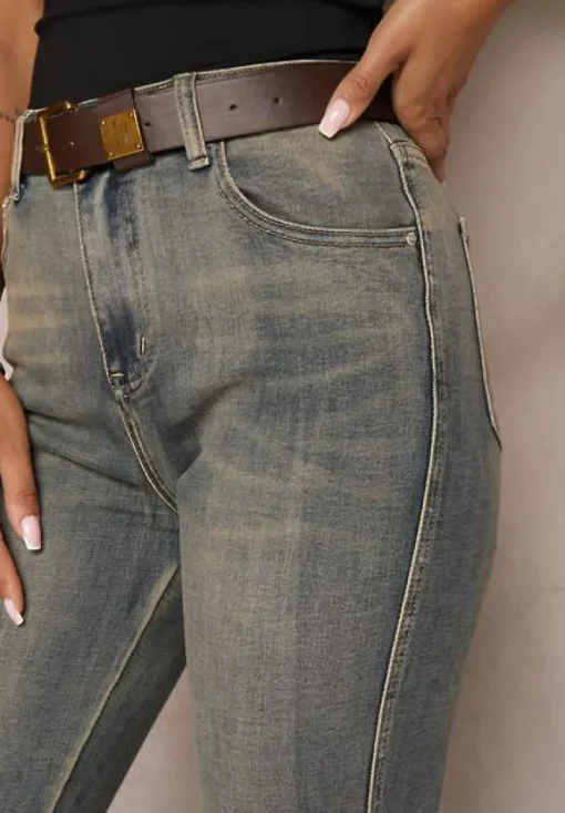Niebiesko-Szare Jeansy High Waist z Bawełny z Efektem Postarzenia i Modnym Paskiem Rilelle