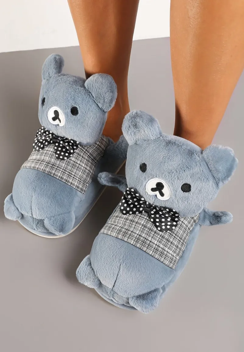 Niebiesko-Szare Kapcie na Płaskiej Podeszwie z Futerkiem i Misiem 3D Vaminia
