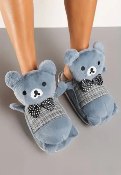 Niebiesko-Szare Kapcie na Płaskiej Podeszwie z Futerkiem i Misiem 3D Vaminia