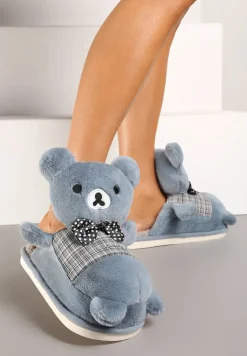 Niebiesko-Szare Kapcie na Płaskiej Podeszwie z Futerkiem i Misiem 3D Vaminia