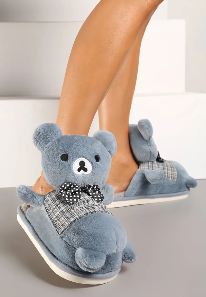 Niebiesko-Szare Kapcie na Płaskiej Podeszwie z Futerkiem i Misiem 3D Vaminia