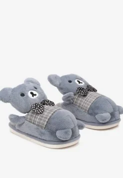 Niebiesko-Szare Kapcie na Płaskiej Podeszwie z Futerkiem i Misiem 3D Vaminia