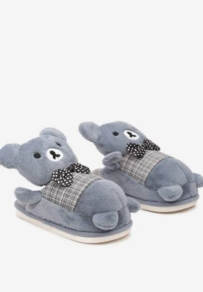 Niebiesko-Szare Kapcie na Płaskiej Podeszwie z Futerkiem i Misiem 3D Vaminia