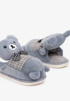 Niebiesko-Szare Kapcie na Płaskiej Podeszwie z Futerkiem i Misiem 3D Vaminia