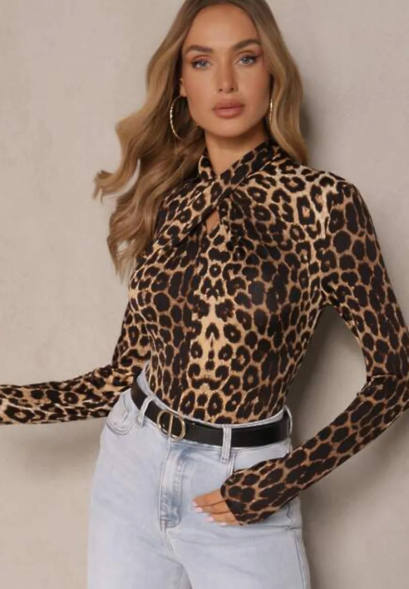 Panterkowa Bluzka z Marszczeniem Przy Zabudowanym Dekolcie Nivana
