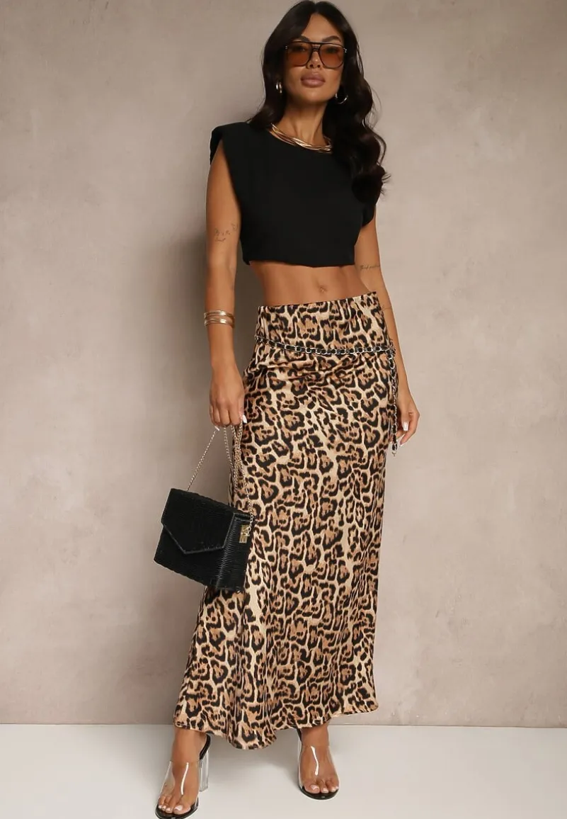 Panterkowa Spódnica z Wiskozą o Prostym Fasonie z Gumką w Pasie Tolairia