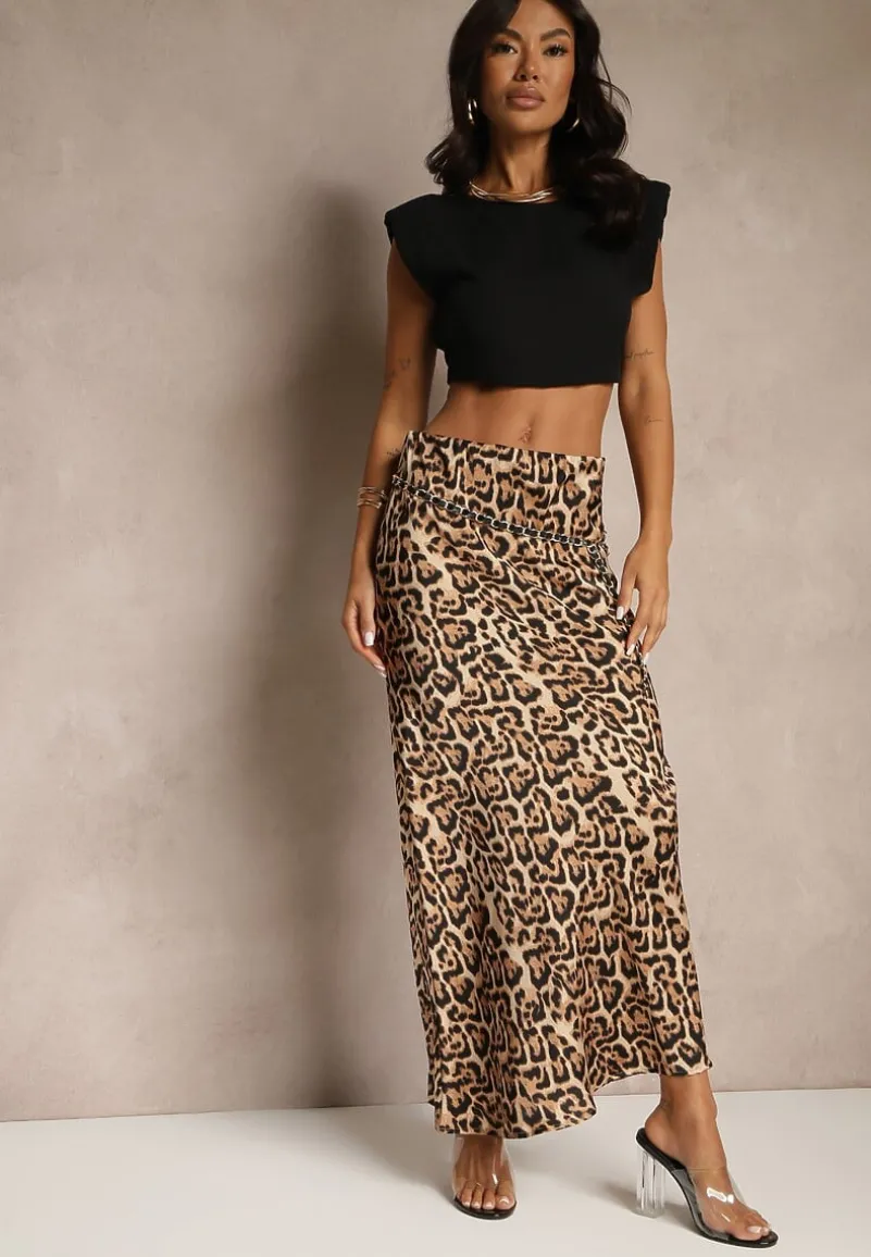 Panterkowa Spódnica z Wiskozą o Prostym Fasonie z Gumką w Pasie Tolairia