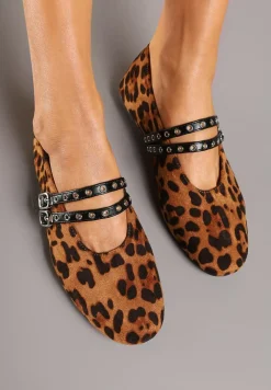 Panterkowe Balerinki z Tweedowym Akcentem i Dwiem Sprzączkami Gavirna