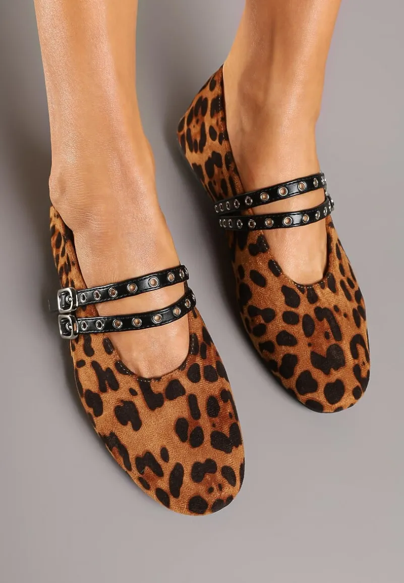 Panterkowe Balerinki z Tweedowym Akcentem i Dwiem Sprzączkami Gavirna