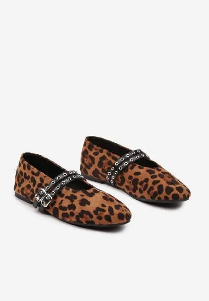 Panterkowe Balerinki z Tweedowym Akcentem i Dwiem Sprzączkami Gavirna