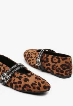 Panterkowe Balerinki z Tweedowym Akcentem i Dwiem Sprzączkami Gavirna