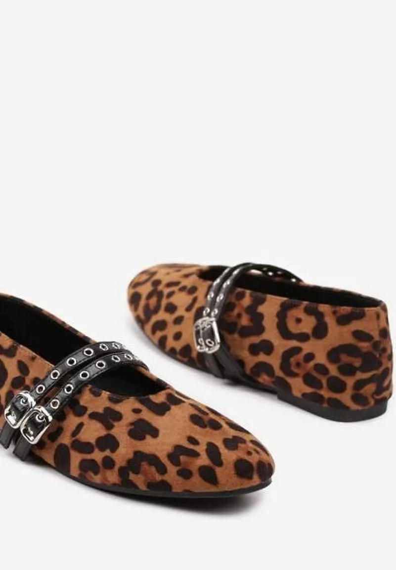 Panterkowe Balerinki z Tweedowym Akcentem i Dwiem Sprzączkami Gavirna